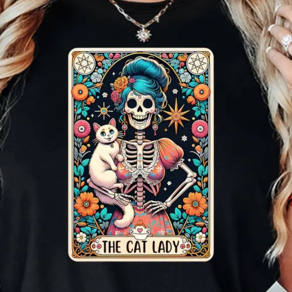 The Cat Lady Tarot Card Black Graphic T-Shirt - Size L